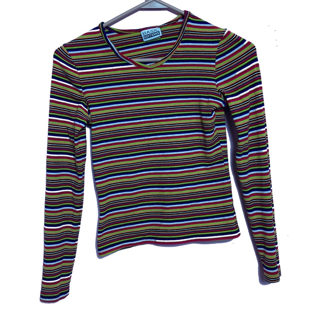 Vintage Multi Basic Editions Rainbow Stripe Long Sleeve Top Size Small